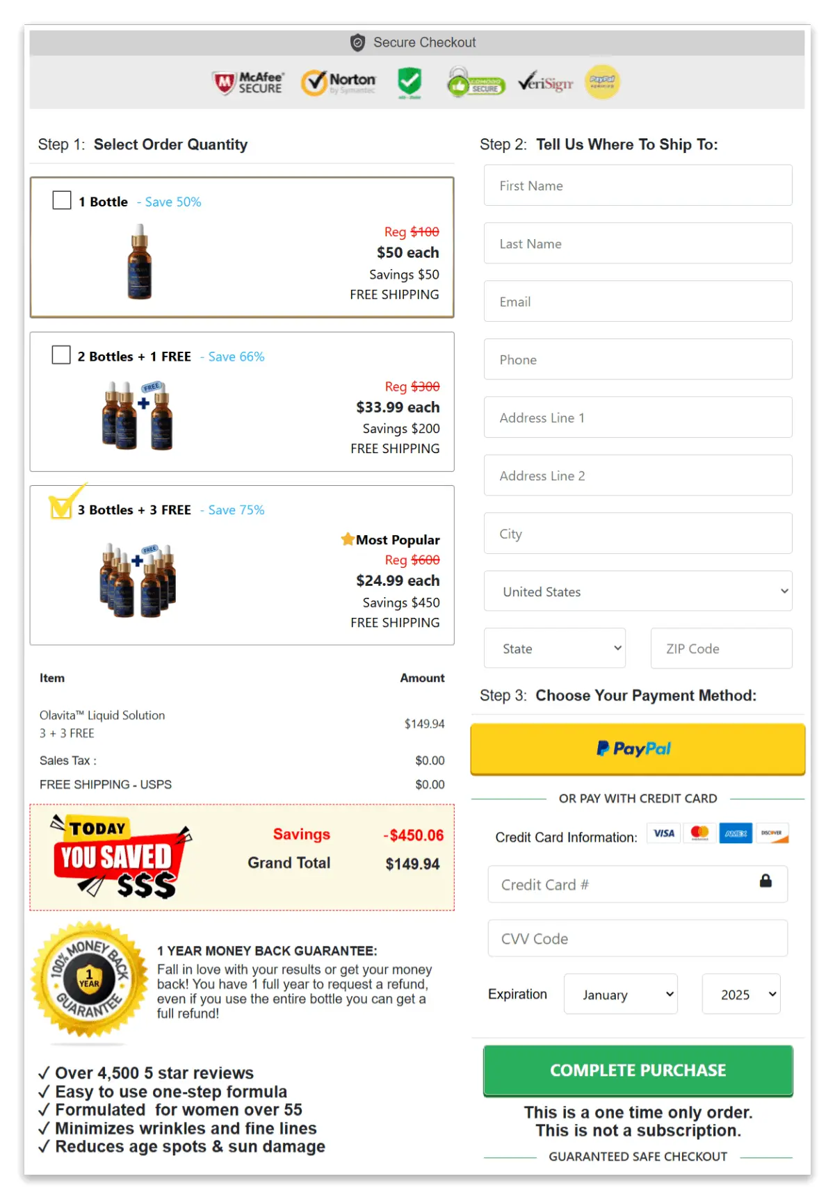 Olavita Liquid Solution secure checkout page
